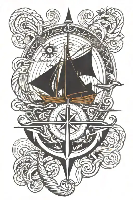 Anchor with a compass and rope; waves below. Include rowing oars, a sailboat, books, motorcycle, karambit knives, and a  tattoo design idea