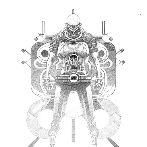 A biomechanical anime character riding a futuristic bicycle through a sci-fi cityscape tattoo design idea