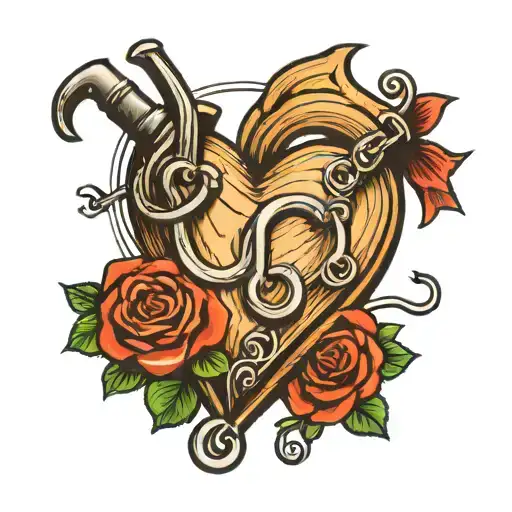 A detailed tattoo of a wooden heart with a fishing hook and horseshoes incorporated into its design. tattoo design idea