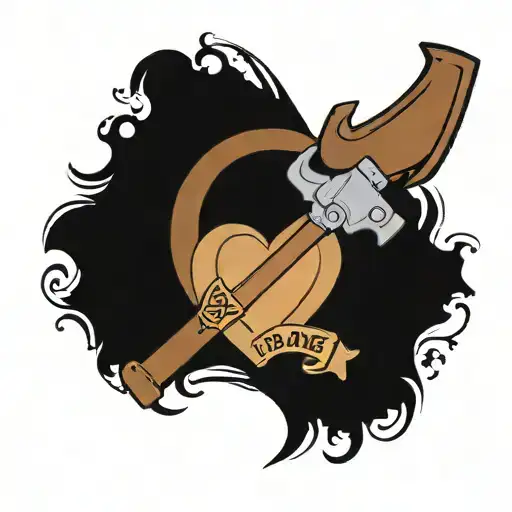 Wood heart shape with horseshoe, hammer, and rifle around it. Memorial to dad with date. tattoo design idea
