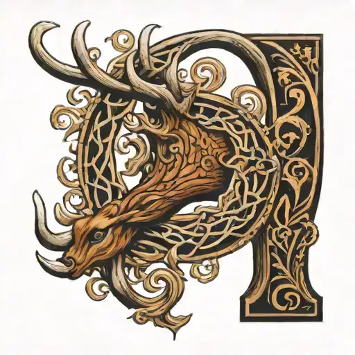 A detailed tattoo of a horseshoe surrounded by intricate wood grain patterns, fish scales, and deer antlers tattoo design idea