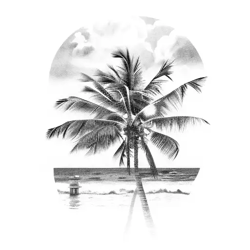 ocean pier with palm trees and lightning  tattoo design idea