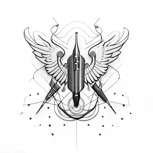 aviator wings intertwined with a sewing needle and thread tattoo design idea