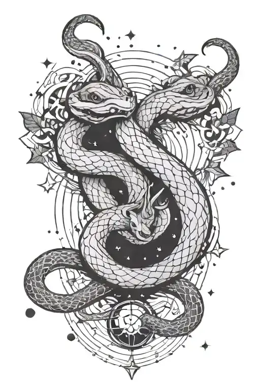 two snakes in the shape of gemini with lines on top and bottom with the constellation of gemini tattoo design idea