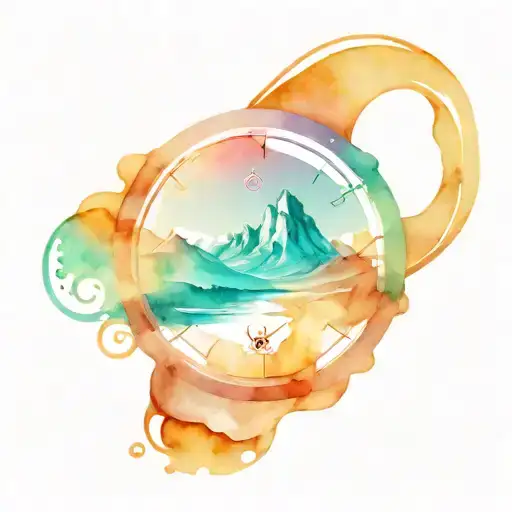 A detailed mountain range with a winding road leading up to the peak, incorporating a compass and watch elements tattoo design idea