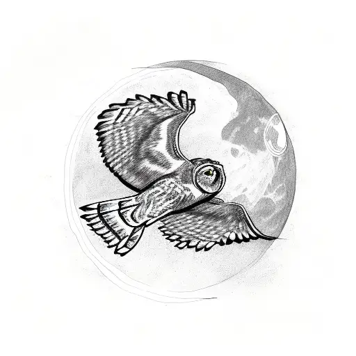 owl in flight incorporate moon, tree, skull tattoo design idea