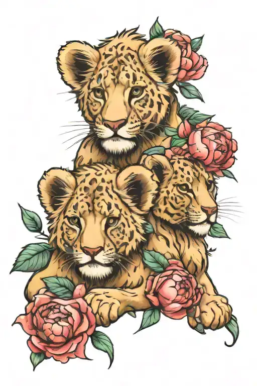 2 lion cubs with peonies flower tattoo tattoo design idea