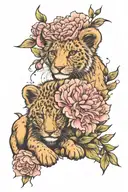 2 lion cubs with peonies flower tattoo tattoo design idea