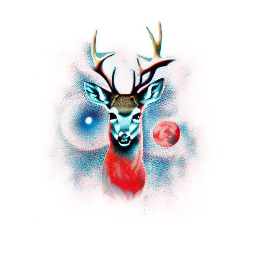 Red moon and deer shadow in city tattoo design idea