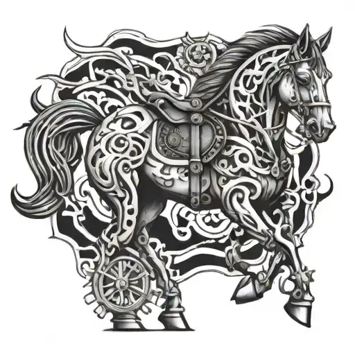 biomechanical steampunk horse with fire flames tattoo design idea