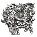 biomechanical steampunk horse with fire flames tattoo design idea