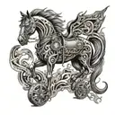 biomechanical steampunk horse with fire flames tattoo design idea