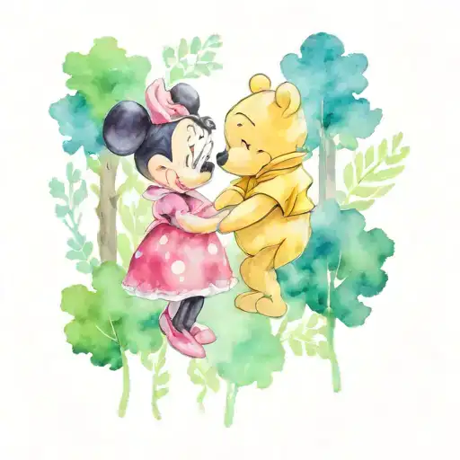A watercolor portrait of Minnie Mouse and Winnie the Pooh holding hands in a serene forest setting tattoo design idea