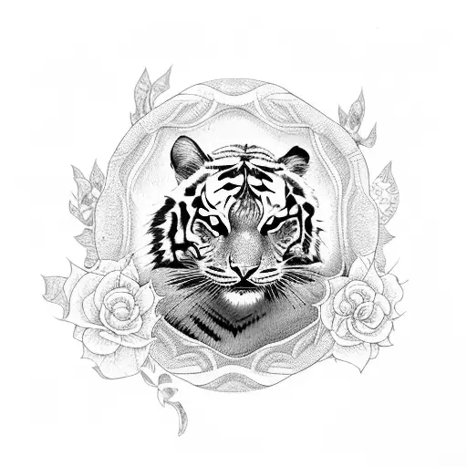 eye ball, with flowers, tiger and her cubs tattoo design idea