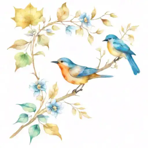 autumn leaves and bird with flowers tattoo design idea