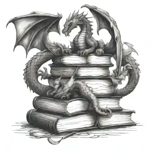 a stack of fantasy books with dragons surrounding them tattoo design idea