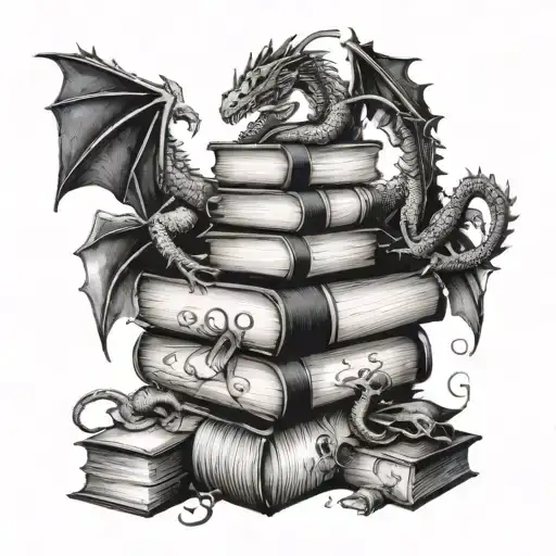 a stack of fantasy books with dragons surrounding them tattoo design idea