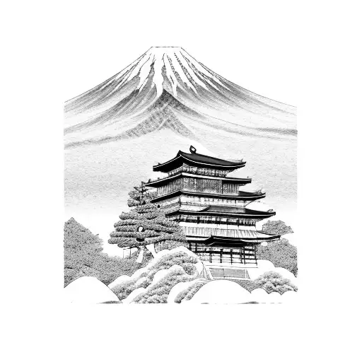 japanese car with Fujiyama mountain behind and Minka-style building, sakura and samurai tattoo design idea