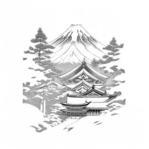 japanese car with Fujiyama mountain behind and Minka-style building, sakura and samurai tattoo design idea