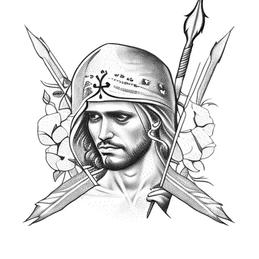  Saint Sebastian arrows with roses and warrior mask tattoo design idea