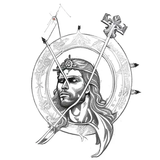  Saint Sebastian arrows with roses and warrior mask tattoo design idea