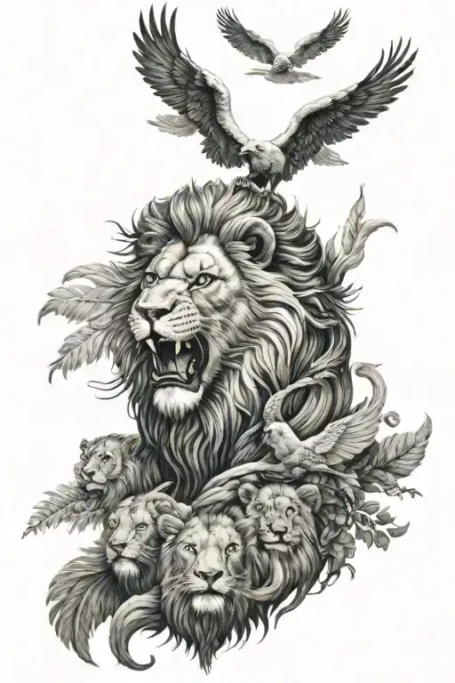 lion male angel eagle moon conquer evil speak no evil tattoo design idea