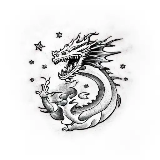Dragon with stars and clouds tattoo design idea
