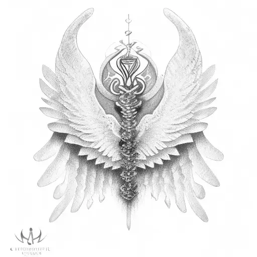 A chiropractic symbol (spine with wings) adorned with mardi gras colors and patterns tattoo design idea
