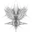 A chiropractic symbol (spine with wings) adorned with mardi gras colors and patterns tattoo design idea