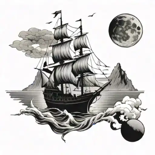 boat at sea close but far from land with moon setting and sun rising and wilderness in background tattoo design idea