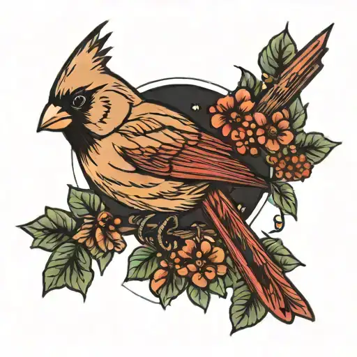 cardinal on branch colored   tattoo design idea