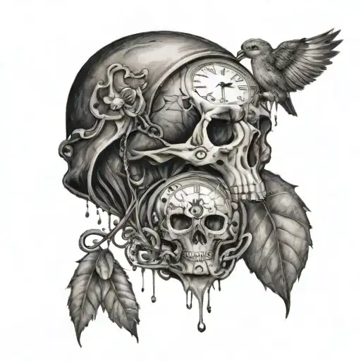 A pocket watch melting into a skull, with woodland creatures emerging from the design tattoo design idea