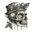 A pocket watch melting into a skull, with woodland creatures emerging from the design tattoo design idea