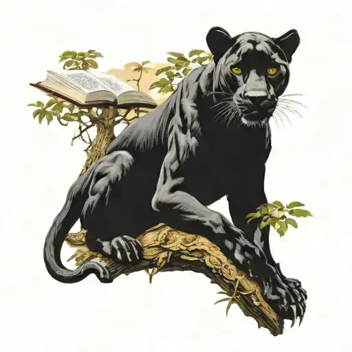 A majestic black panther lying in a large savanna tree with a book hanging from the branches nearby tattoo design idea