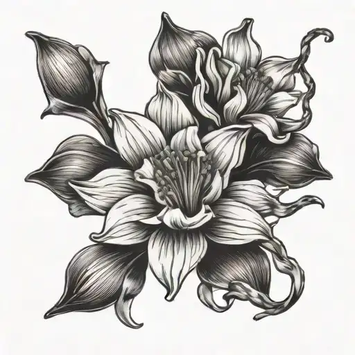 narcissus flower with symmetrical snakes, ovary motifs as 2 of the flowers, chest tattoo tattoo design idea