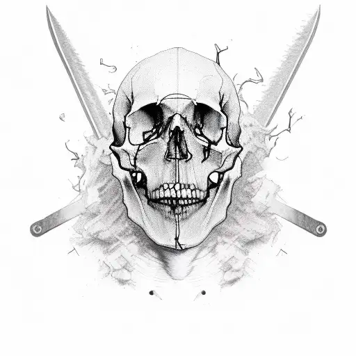 a man  stabbed through the head half withering away and the other half of his face is a skull  tattoo design idea