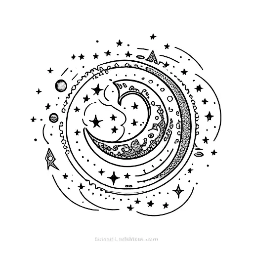 A delicate crescent moon surrounded by a cluster of stars tattoo design idea