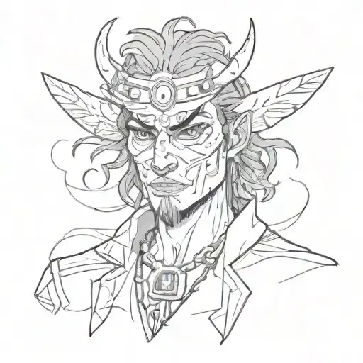 A sketch-style portrait of a Cuervo with anime-style eyes and expression tattoo design idea