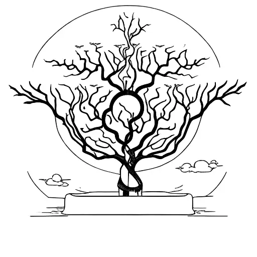 "A stylized fig tree surrounded by symbols of adversity (barren land, withered plants), with the text Hb 3.17-19  tattoo design idea