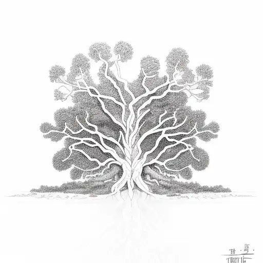 "A stylized fig tree surrounded by symbols of adversity (barren land, withered plants), with the text Hb 3.17-19  tattoo design idea