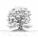 "A stylized fig tree surrounded by symbols of adversity (barren land, withered plants), with the text Hb 3.17-19  tattoo design idea