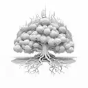 "A stylized fig tree surrounded by symbols of adversity (barren land, withered plants), with the text Hb 3.17-19  tattoo design idea