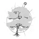 A stylized fig tree surrounded by symbols of adversity (barren land, withered plants), with the text Hb 3.17-19  tattoo design idea