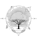 A stylized fig tree surrounded by symbols of adversity (barren land, withered plants), with the text Hb 3.17-19  tattoo design idea