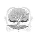 A stylized fig tree surrounded by symbols of adversity (barren land, withered plants), with the text Hb 3.17-19  tattoo design idea