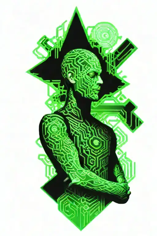 Full sleeve tattoo with hacker matrix, green. In the background tracers like those on a motherboard. tattoo design idea