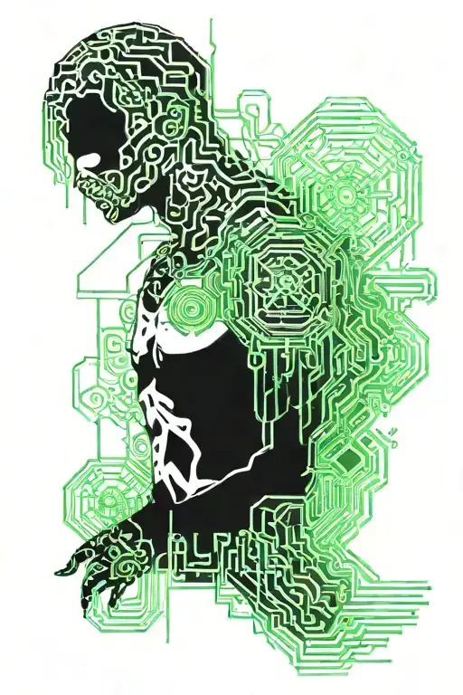 Full sleeve tattoo. In the background green digital rain and black tracers like those on a motherboard with transparent  tattoo design idea