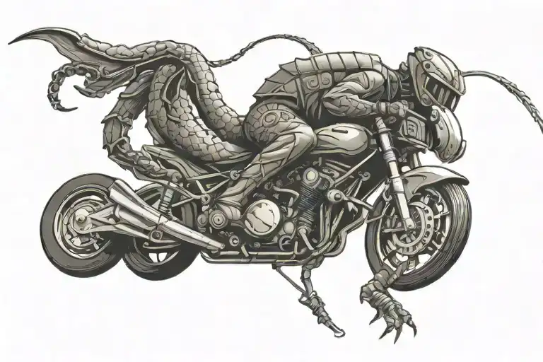 A samurai who rides on the back wheel (the wheelie) of a sport motorcycle, he has a dangerous and sharp scorpion tail tattoo design idea