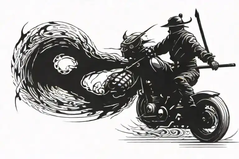 A samurai who rides on the back wheel of a motorcycle, he has a dangerous and sharp scorpion tail and the road he rides  tattoo design idea