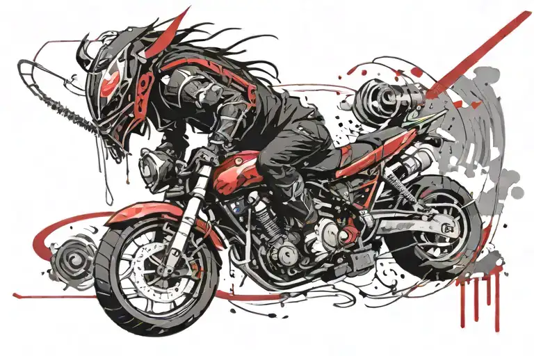 A samurai who rides on the back wheel of a motorcycle, he has a dangerous and sharp scorpion tail and the road he rides  tattoo design idea